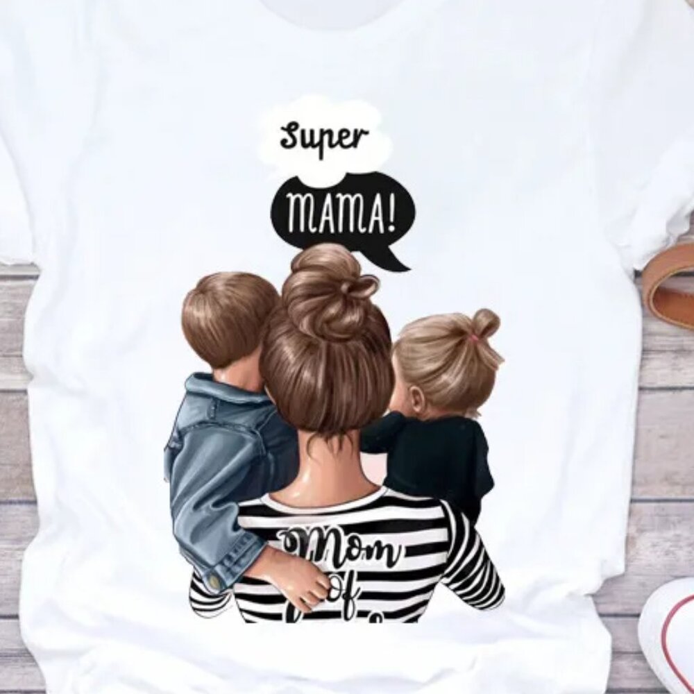 Super MAMA Printed Round Neck Short-Sleeved Women T-Shirt SiZE LARGE